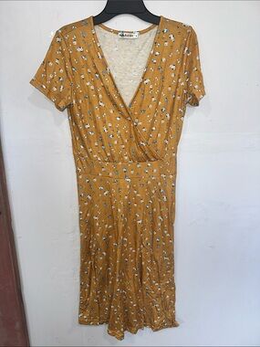 Mustard Floral Midi Wrap Dress